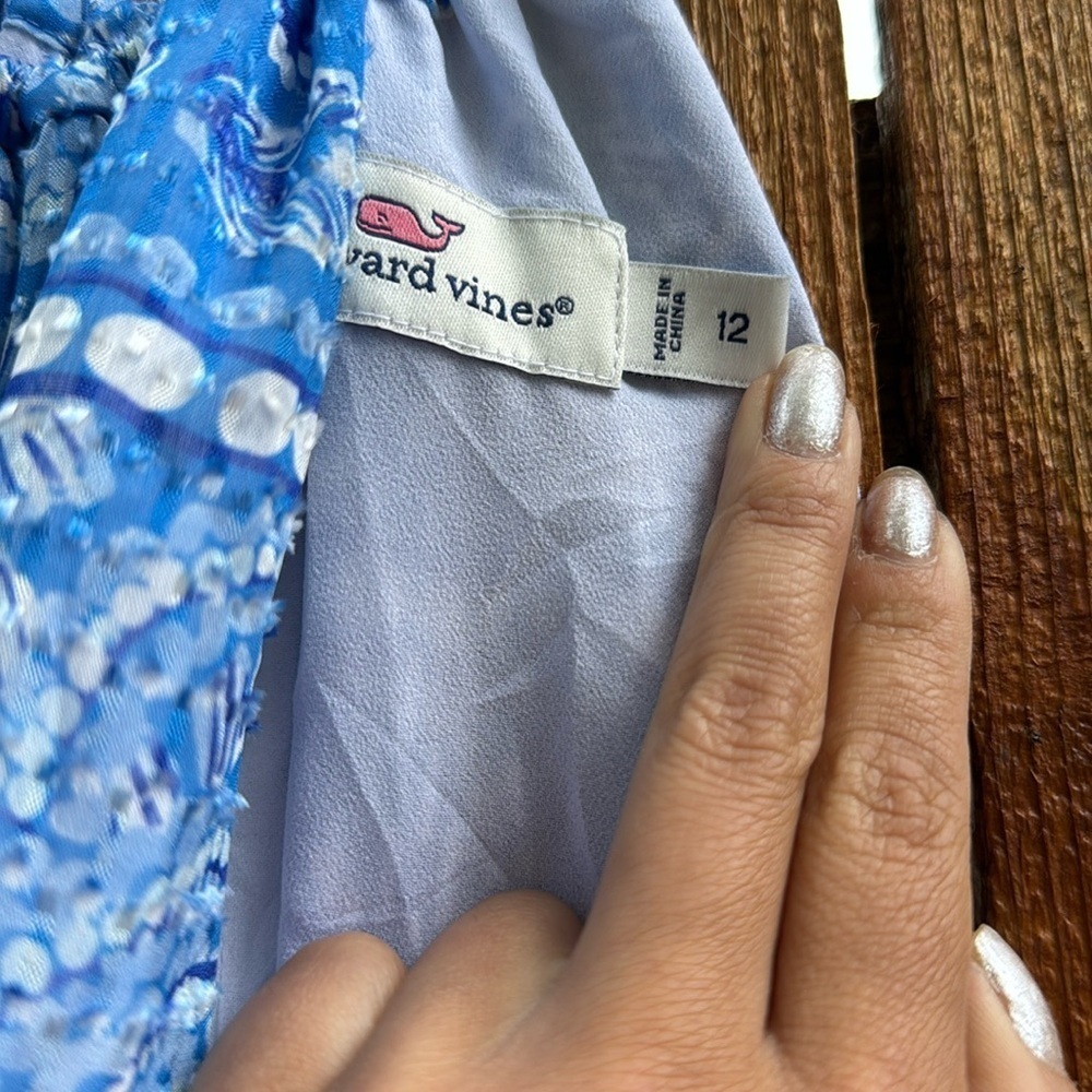 Vineyard Vines Sand Dollar Scarf Print Maxi Dress White Blue Womens 12 Side Slit - Picture 5 of 10